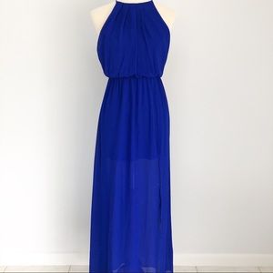 Agaci Maxi Dress Royal Blue Sleeveless Leg Open